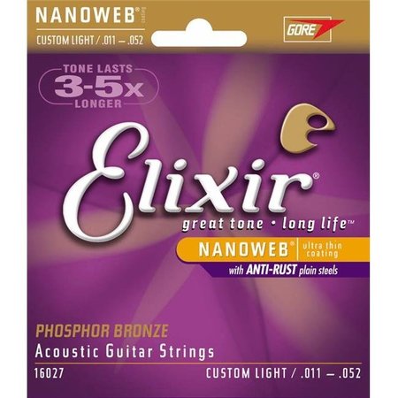 ELIXIR Elixir 16027-U 0.011-0.052 Gauge Nanoweb Phosphor-Bronze Acoustic Guitar Strings - Custom Light 16027-U